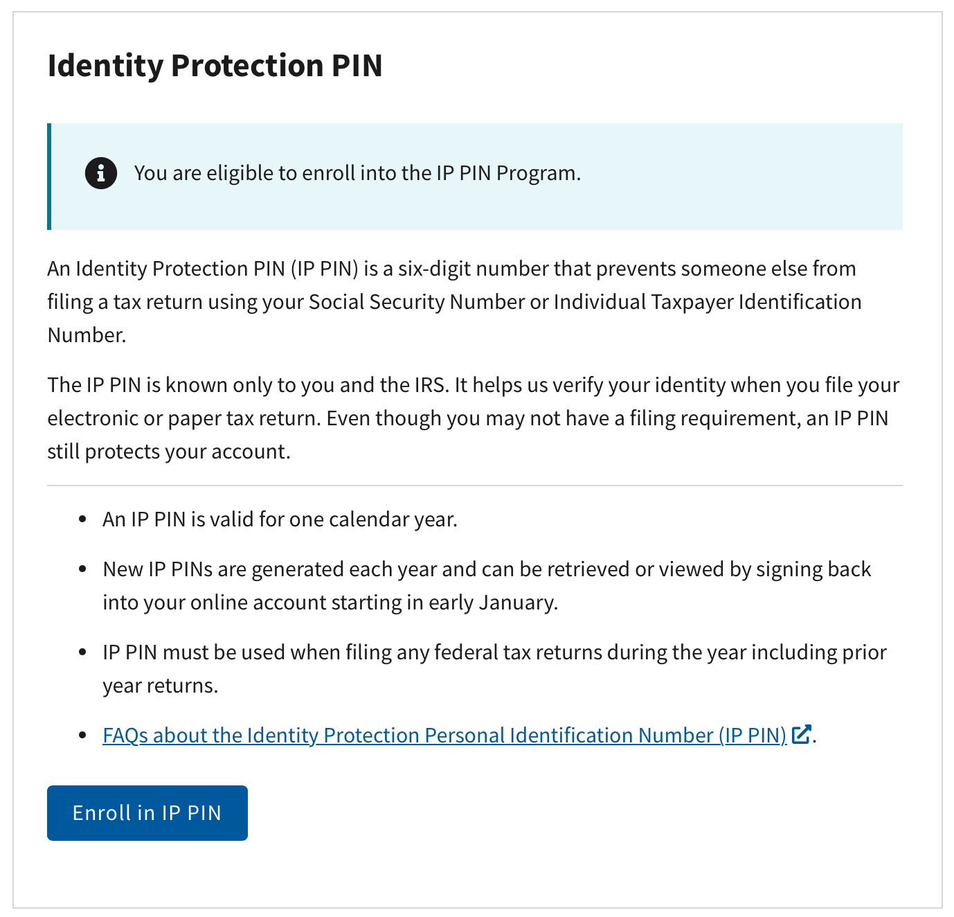 IRS IP PIN enrollment eligibility notice