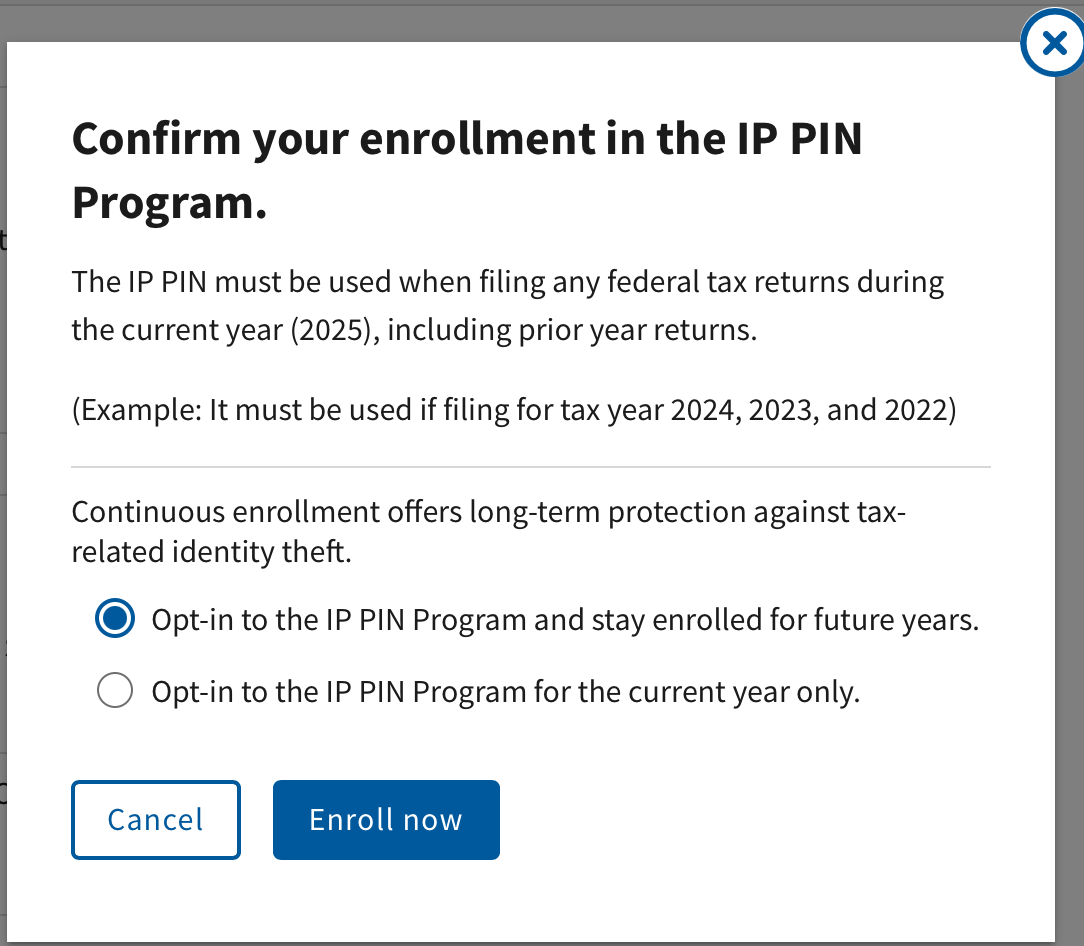 IRS IP PIN opt-in choices
